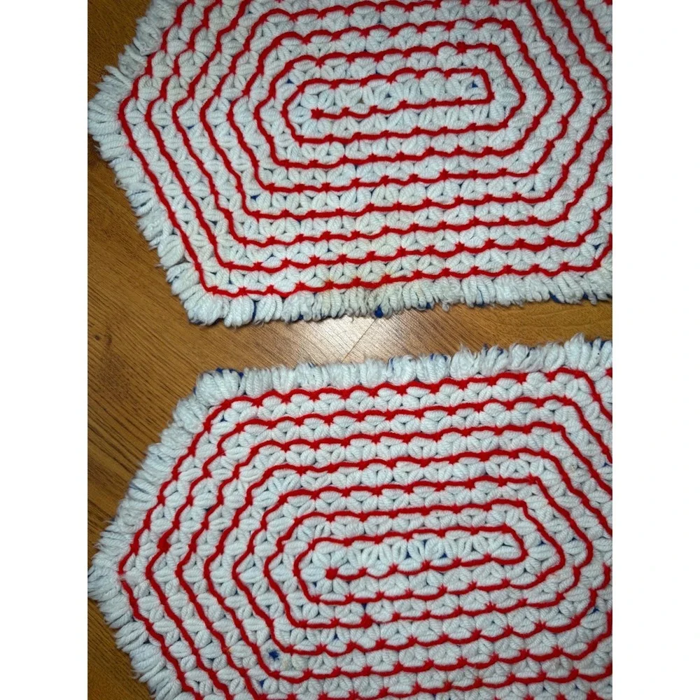 Vintage Handmade Crochet Loom Knit Placemats Blue Red White Geometric Patriotic